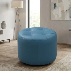 Koiles Round Ottoman Stool – Premium Blue Leatherette Pouffe | Modern Living Room Furniture